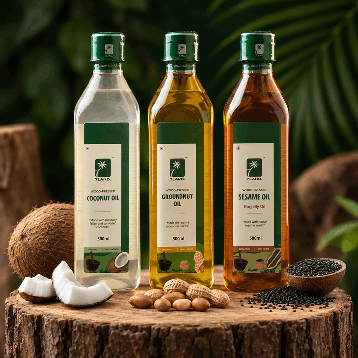 Oil Trio Combo – Coconut, Groundnut & Sesame 3 × 500 ml – 7LAND